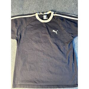PUMA 10 Tee Shirt Mens Large Black Short Sleeve Crew Neck White Stripes Shoulder